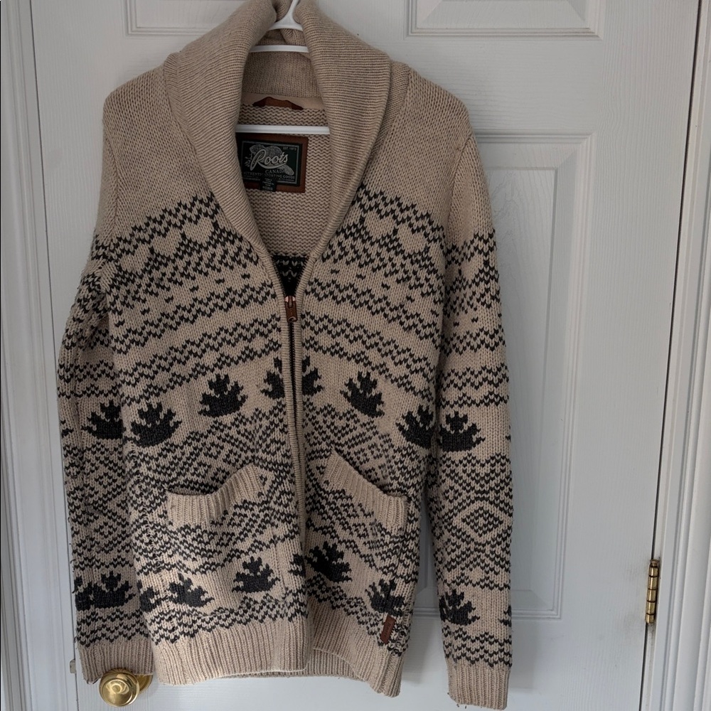 Roots Beige and Black Zip-Up Sweater